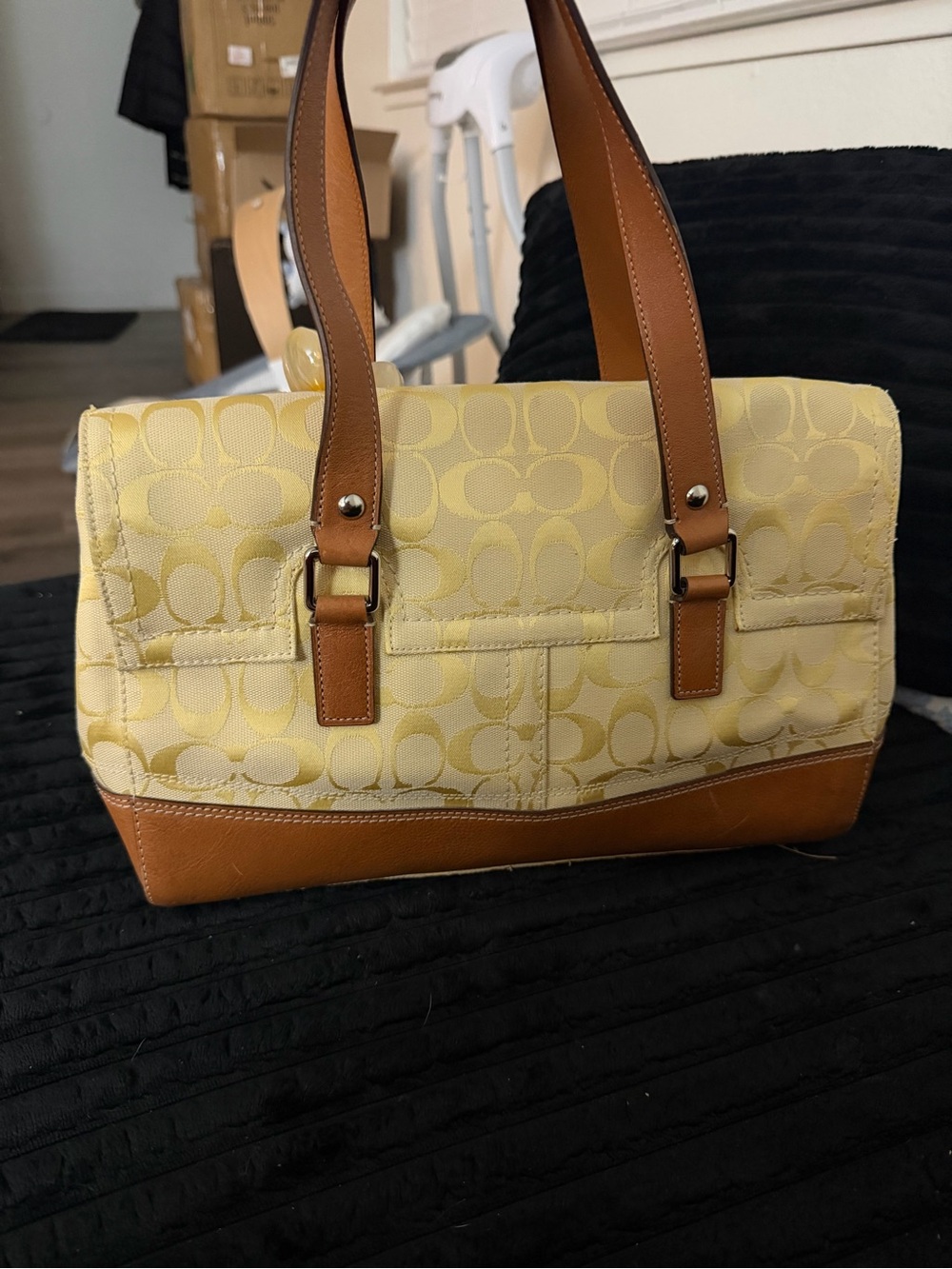 Coach Yellow Signature Canvas Shoulder Bag with Brown Leather Trim - Picture 2 of 7